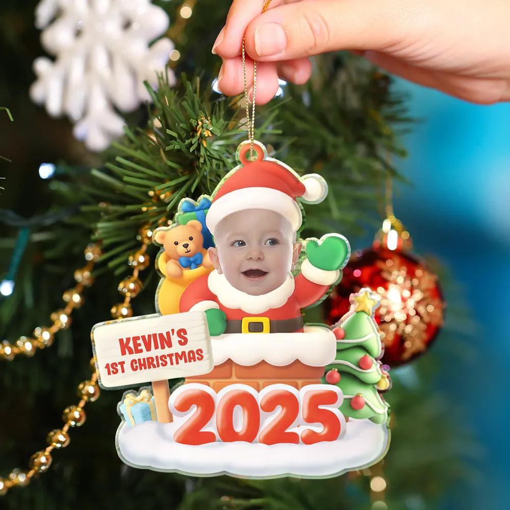 Custom Photo Cute Baby Santa In The Chimney - Personalized Custom Shaped Acrylic Ornament - Image 5