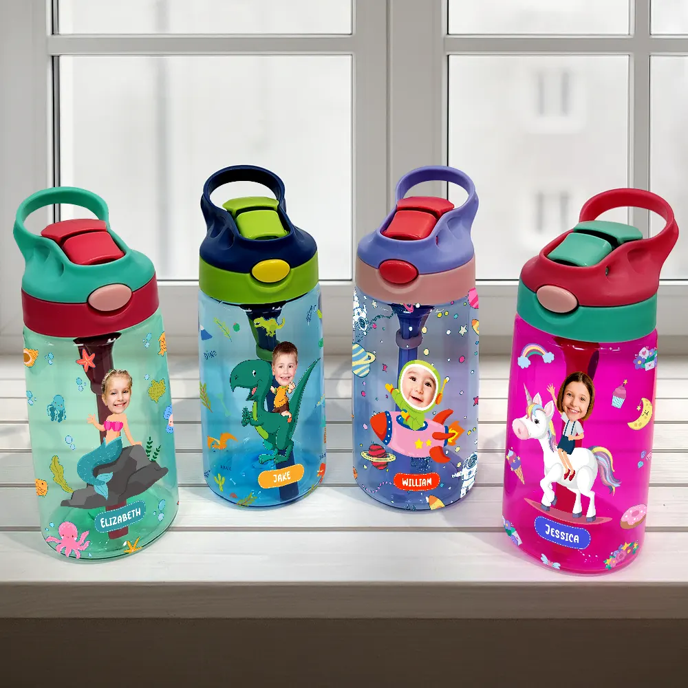 Custom Photo Cute & Funny Car Mermaid Unicorn Dinosaur Astronaut - Personalized Kids Water Bottle With Straw - Image 3
