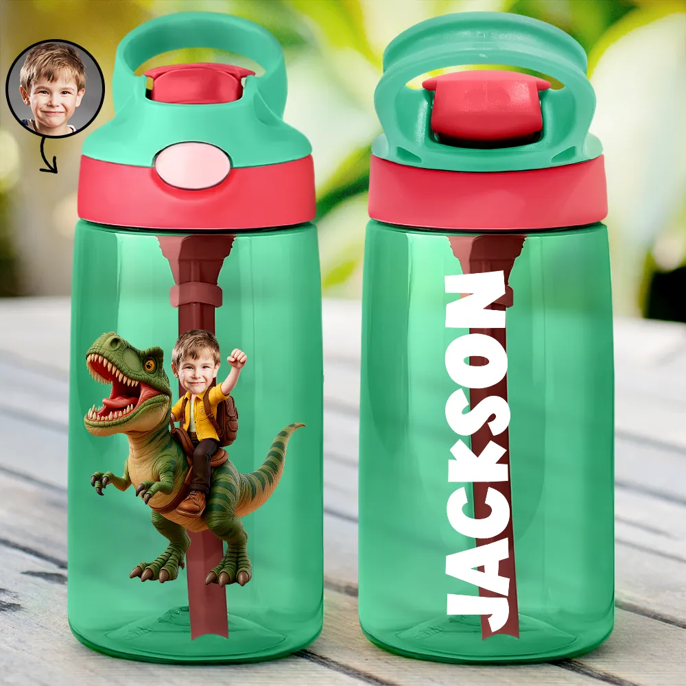 Custom Photo Cute Kid Riding Dinosaur Flamingo Unicorn - Personalized Kids Water Bottle With Straw
