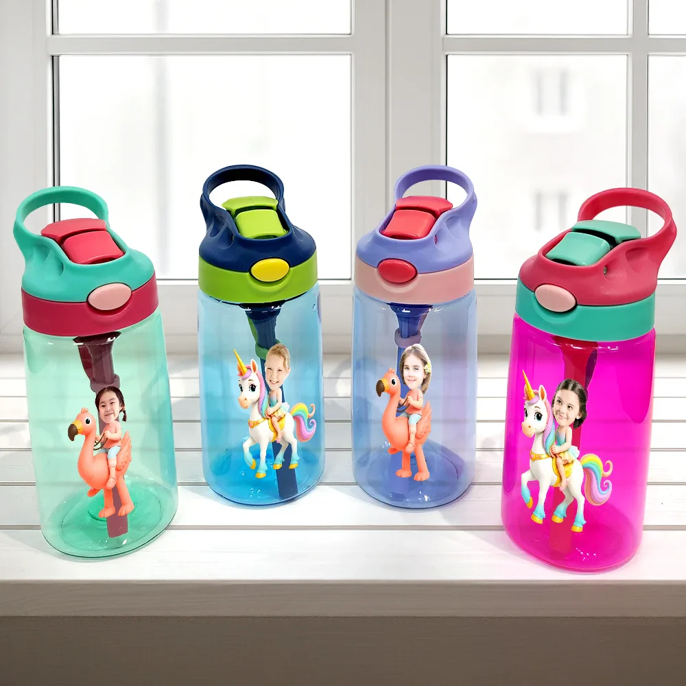 Custom Photo Cute Kid Riding Dinosaur Flamingo Unicorn - Personalized Kids Water Bottle With Straw - Image 3