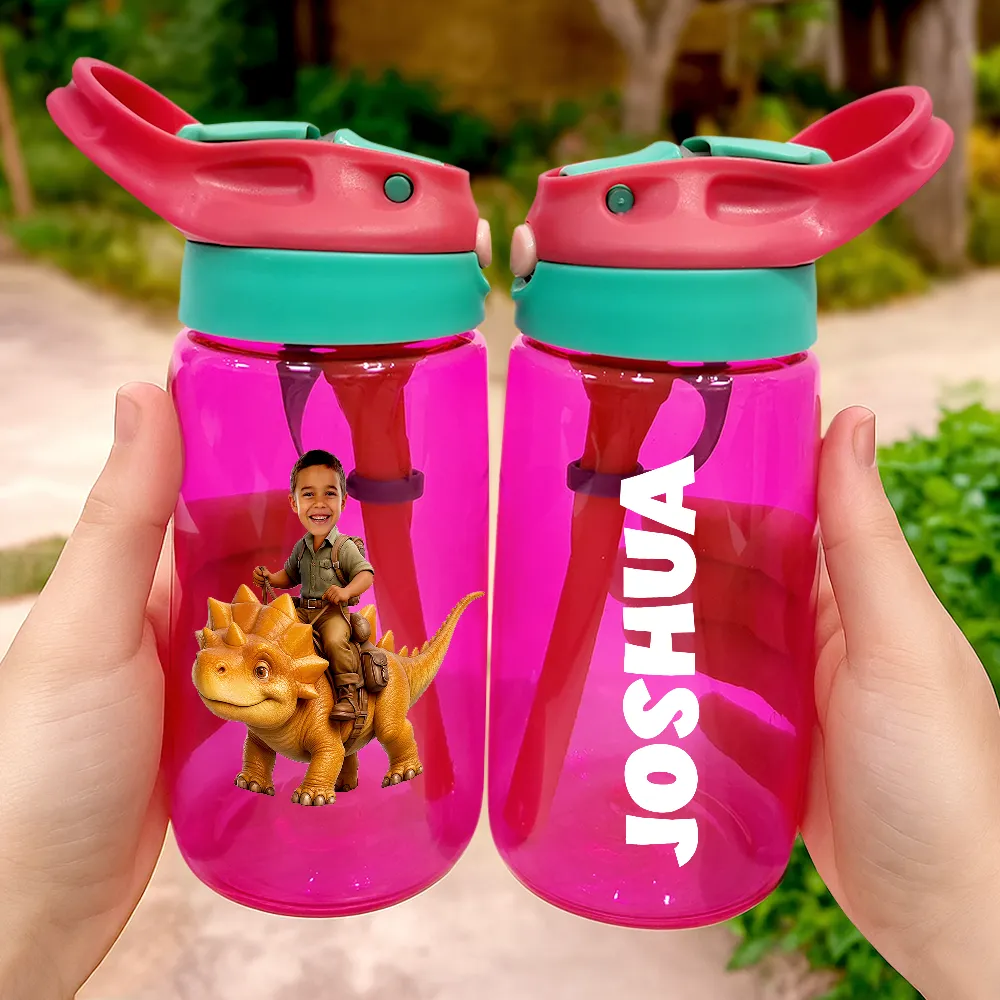 Custom Photo Cute Kid Riding Dinosaur Flamingo Unicorn - Personalized Kids Water Bottle With Straw - Image 4