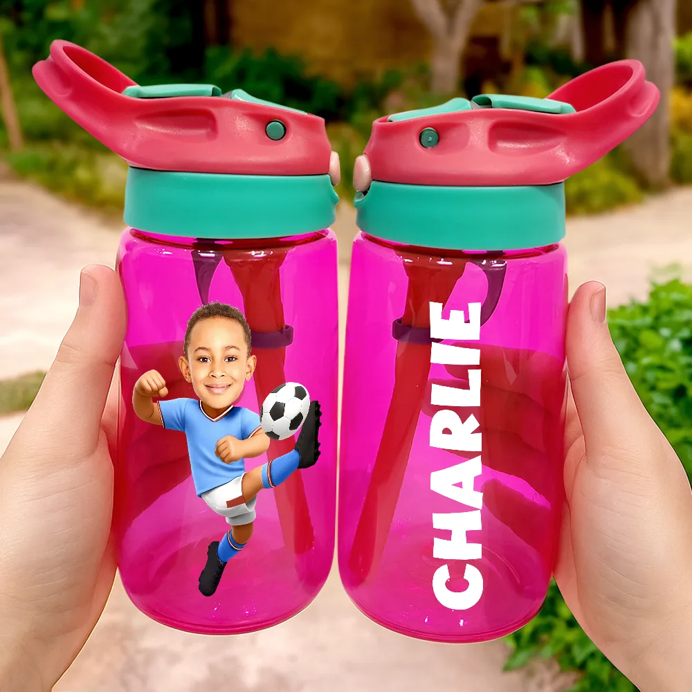 Custom Photo Cute Kid Sport Playing Football Soccer Baseball Softball - Personalized Kids Water Bottle With Straw - Image 4