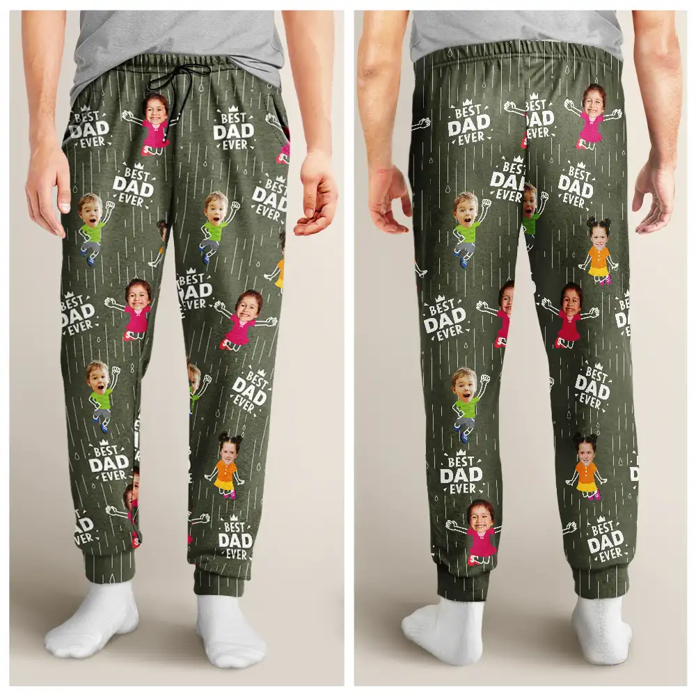 Custom Photo Cute Kids Best Dad Grandpa Ever Rain Pattern - Personalized Pajama Pants - Image 5