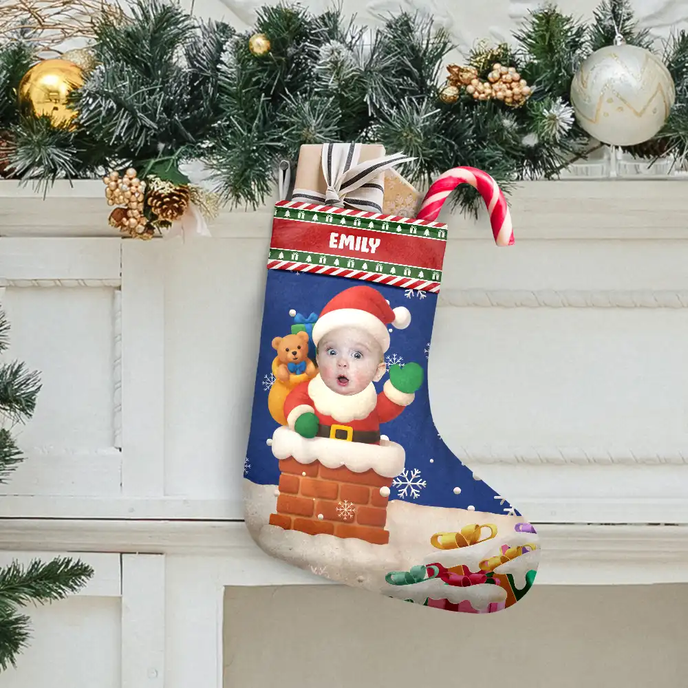Custom Photo Cute Santa In Chimney - Personalized Christmas Stocking - Image 3