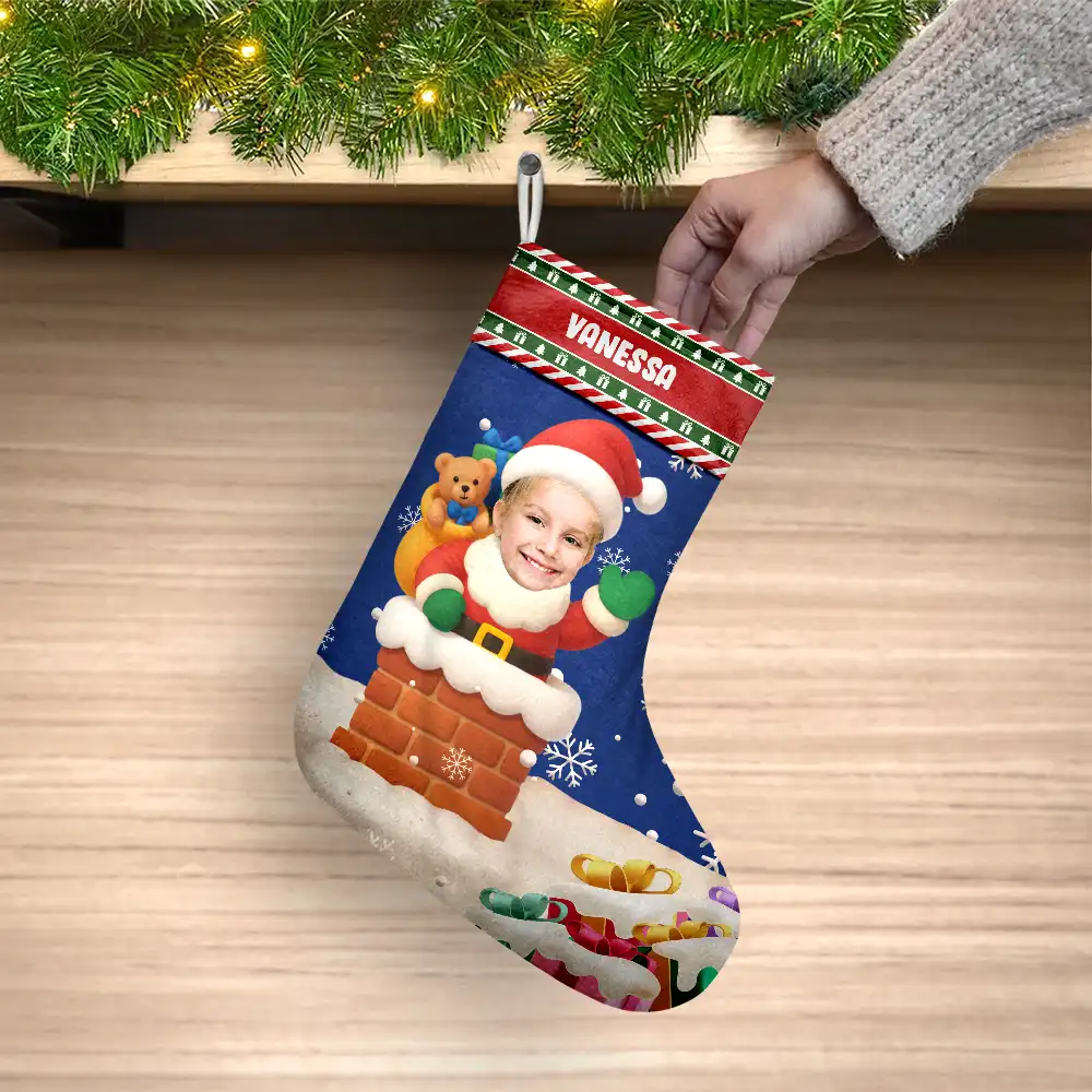 Custom Photo Cute Santa In Chimney - Personalized Christmas Stocking - Image 4