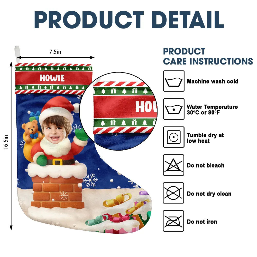 Custom Photo Cute Santa In Chimney - Personalized Christmas Stocking - Image 6