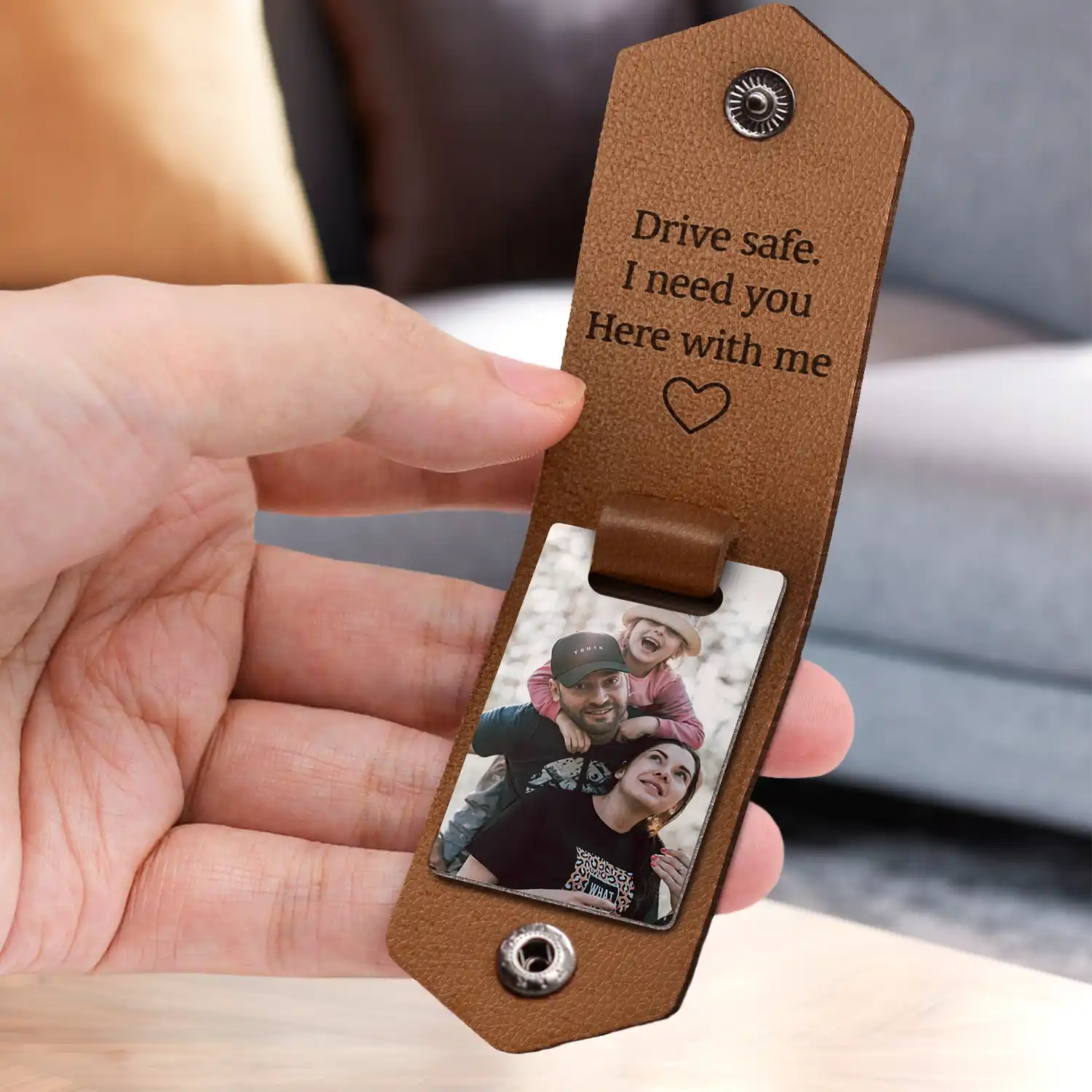 Custom Photo Dad I Love You Drive Safe I Need You Here With Me - Gift For Father, Grandpa Husband - Personalized Leather Photo Keychain - Image 3