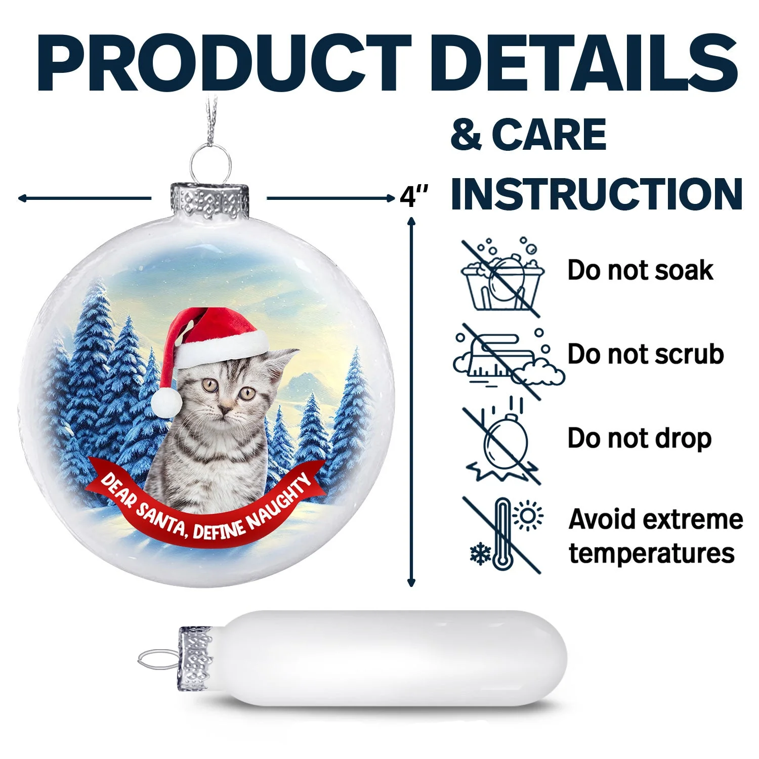 Custom Photo Dog Cat Dear Santa Define Naughty - Christmas Gift For Pet Lovers - Personalized White Flat Ball Ornament - Image 7