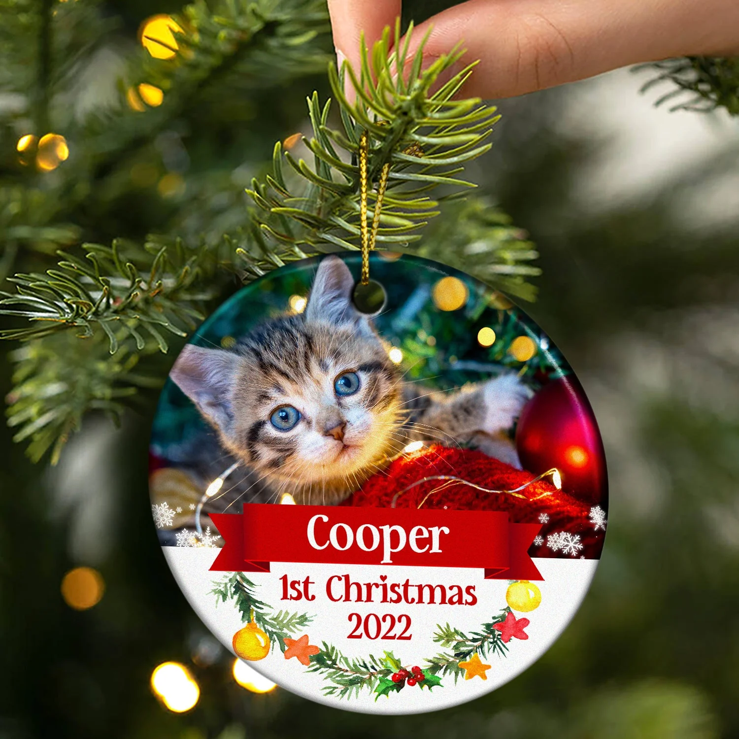Custom Photo Dog Cat First Christmas - Christmas Gift For Pet Lovers - Personalized Custom Circle Ceramic Ornament - Image 2