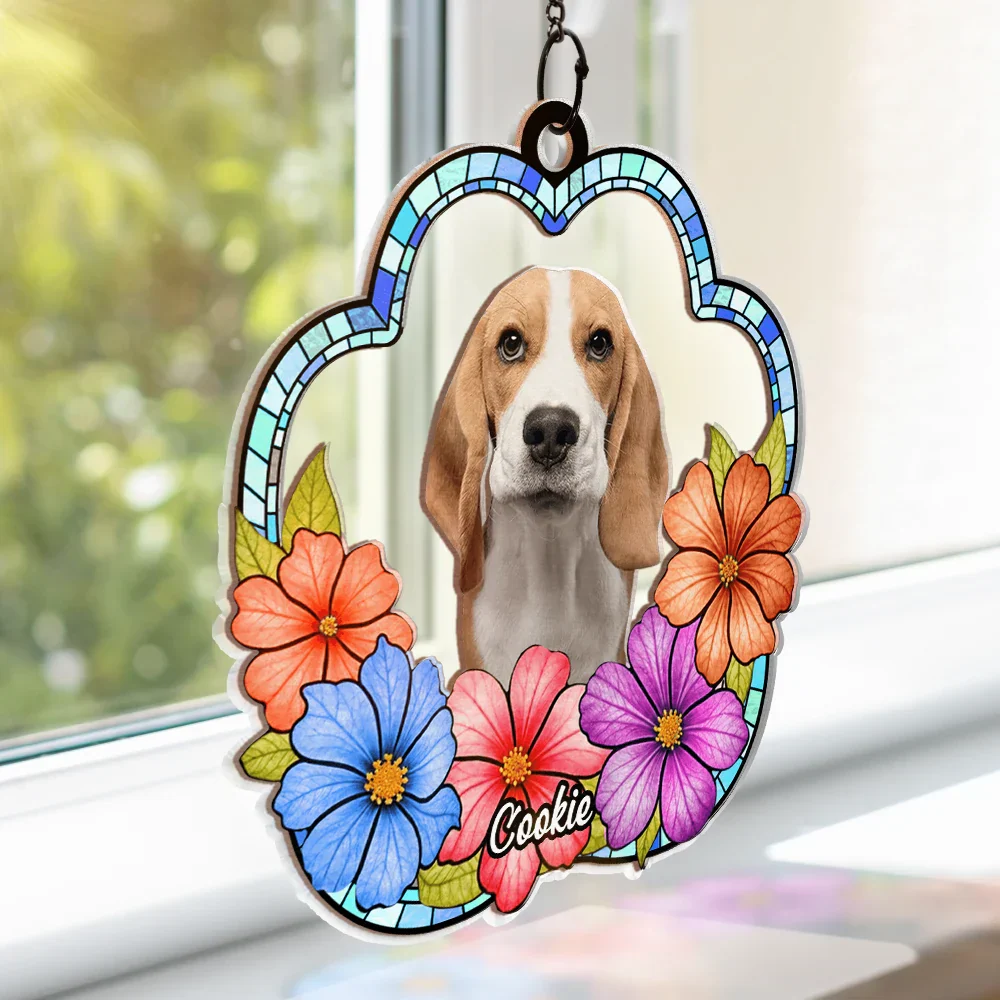Custom Photo Dog Cat Floral Stained Glass - Personalized Window Hanging Suncatcher Ornament - Image 4