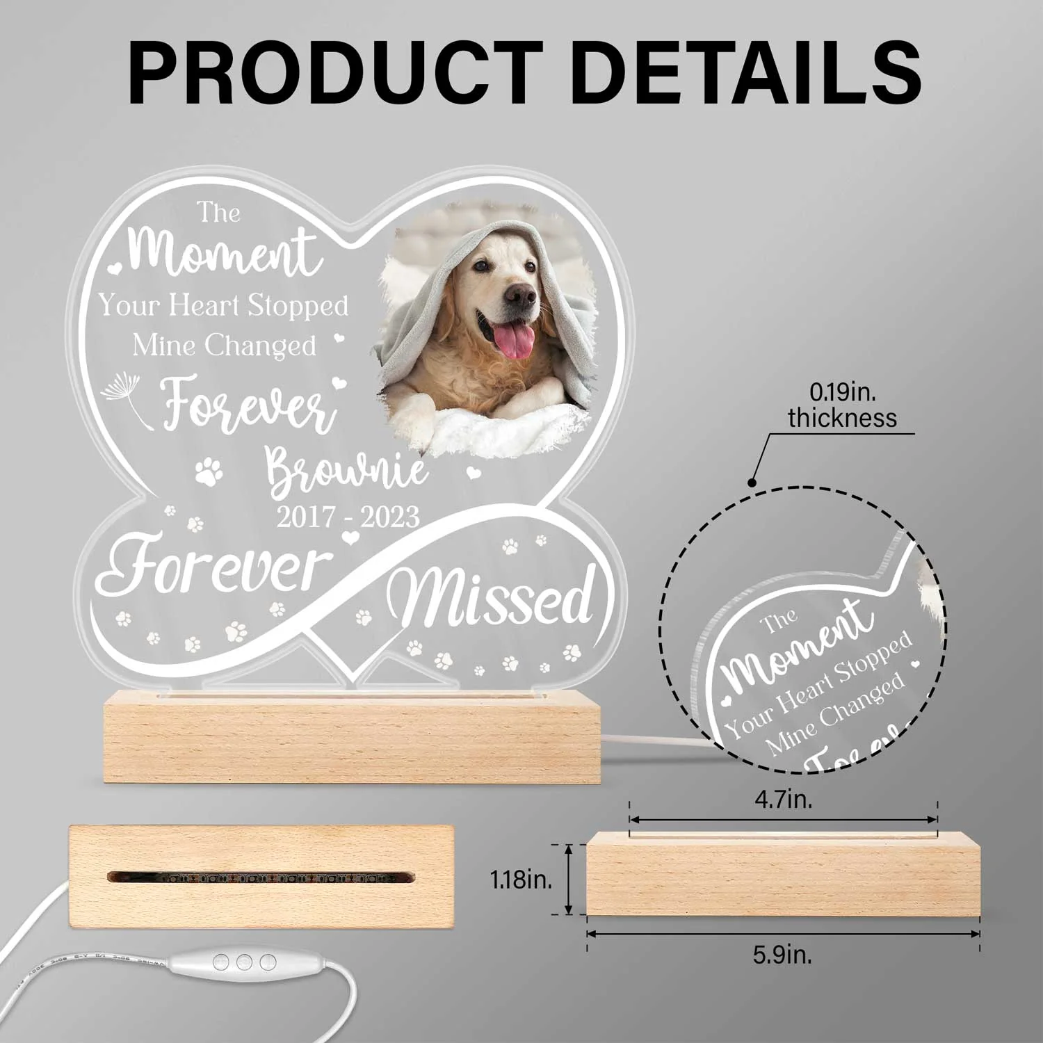 Custom Photo Dog Cat Infinity Heart Forever Missed - Pet Memorial Gift, Sympathy Gift - Personalized 3D Led Light Wooden Base - Image 5