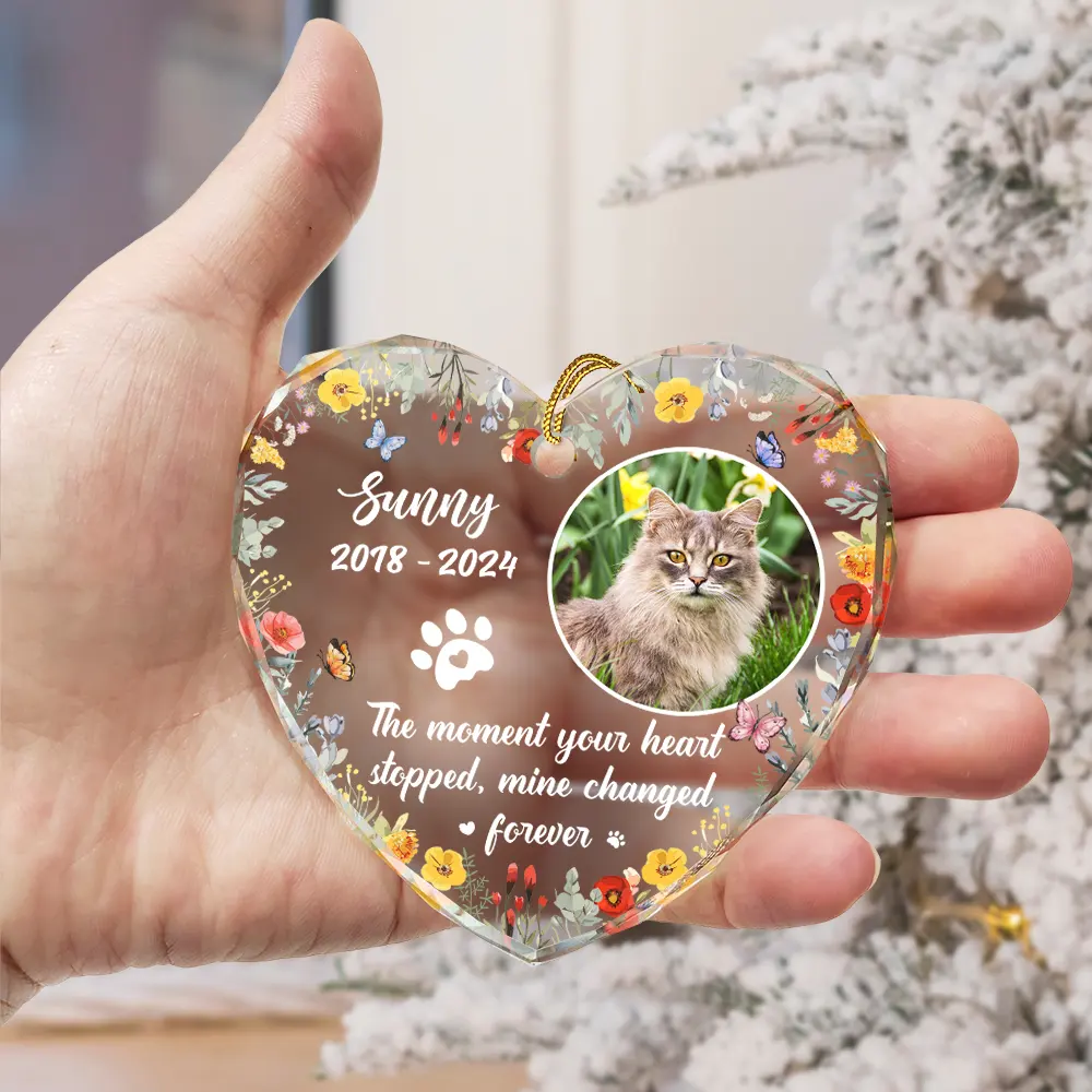 Custom Photo Dog Cat Memorial You Left Paw Prints On My Heart - Personalized Heart Shaped Glass Ornament - Image 3