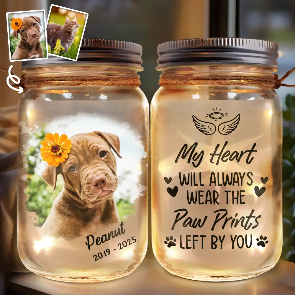 Custom Photo Dog Cat Pet Memorial The Paw Prints Left By You - Personalized Mason Jar Light