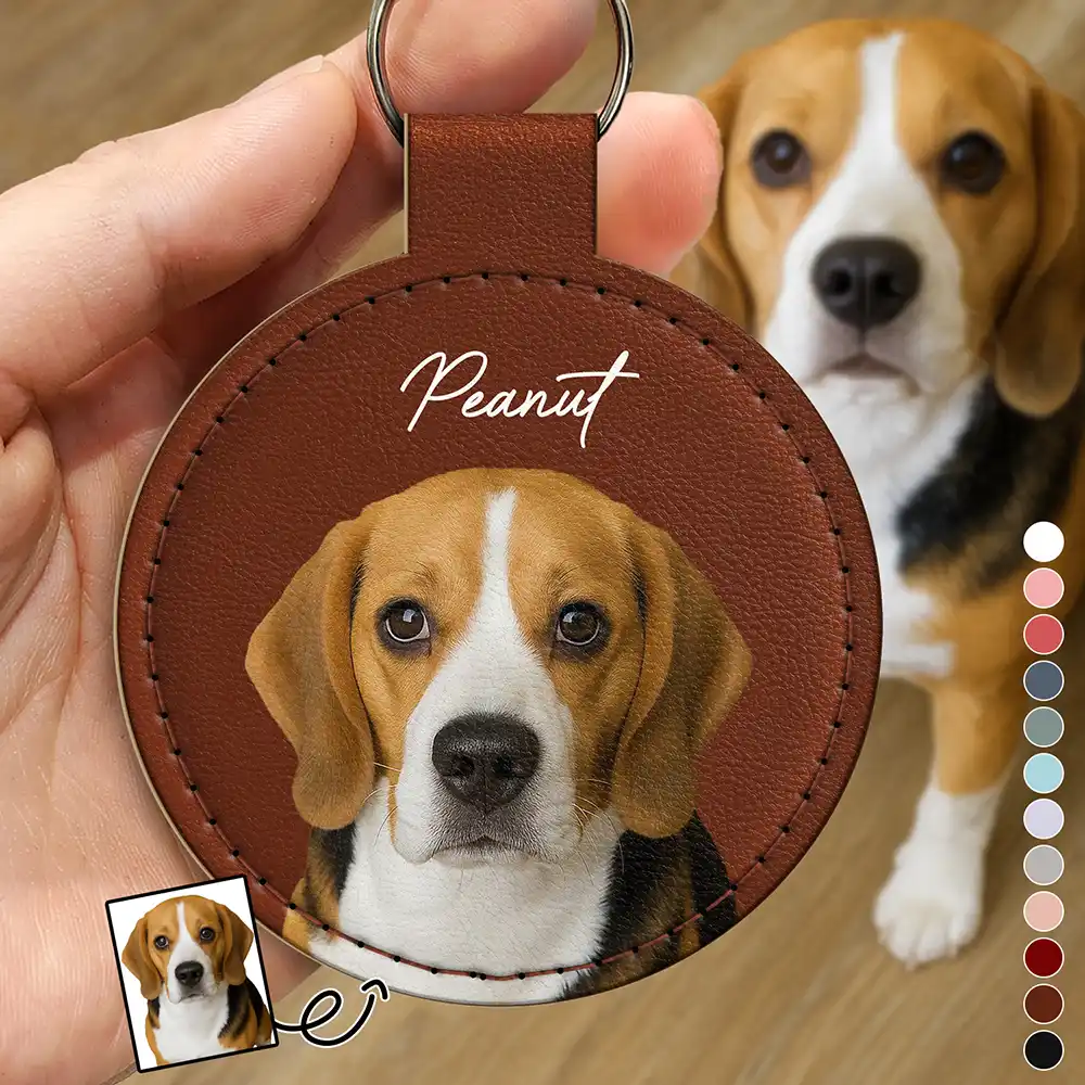Custom Photo Dog Cat Pet Portrait - Personalized Custom Shaped Leather Keychain With Stitching - Image 2