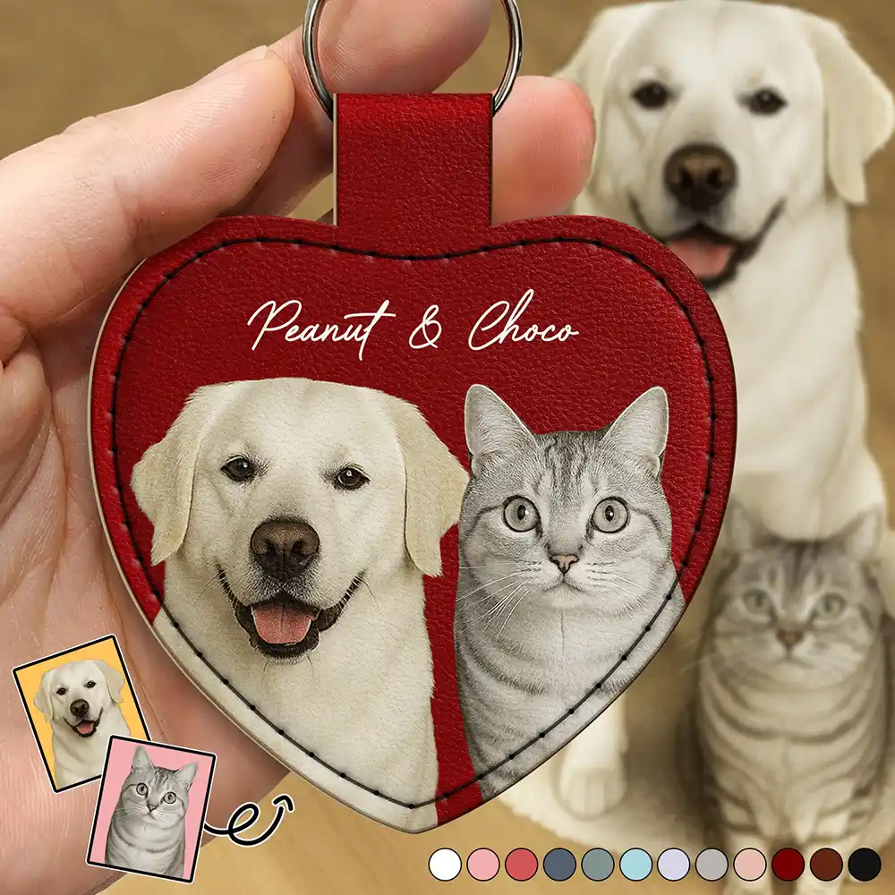 Custom Photo Dog Cat Pet Portrait - Personalized Custom Shaped Leather Keychain With Stitching - Image 3