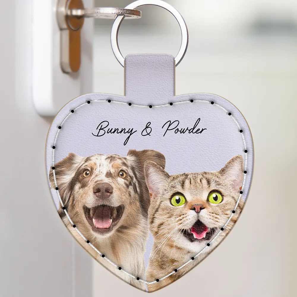 Custom Photo Dog Cat Pet Portrait - Personalized Custom Shaped Leather Keychain With Stitching - Image 5