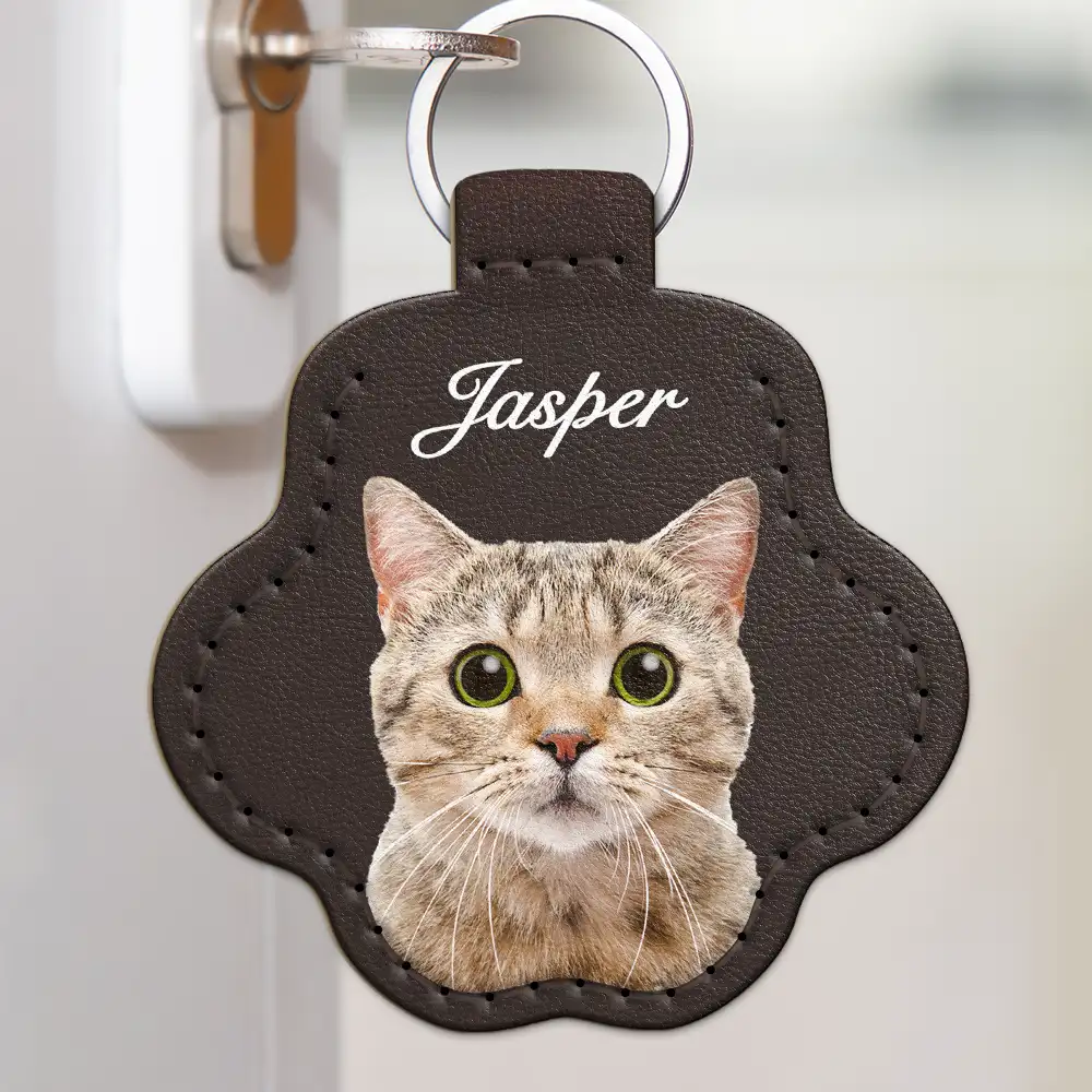 Custom Photo Dog Cat Pet Portrait - Personalized Paw Shaped Leather Keychain With Stitching - Image 5