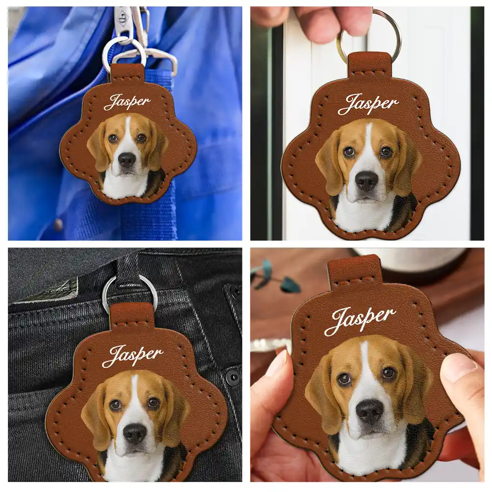 Custom Photo Dog Cat Pet Portrait - Personalized Paw Shaped Leather Keychain With Stitching - Image 8