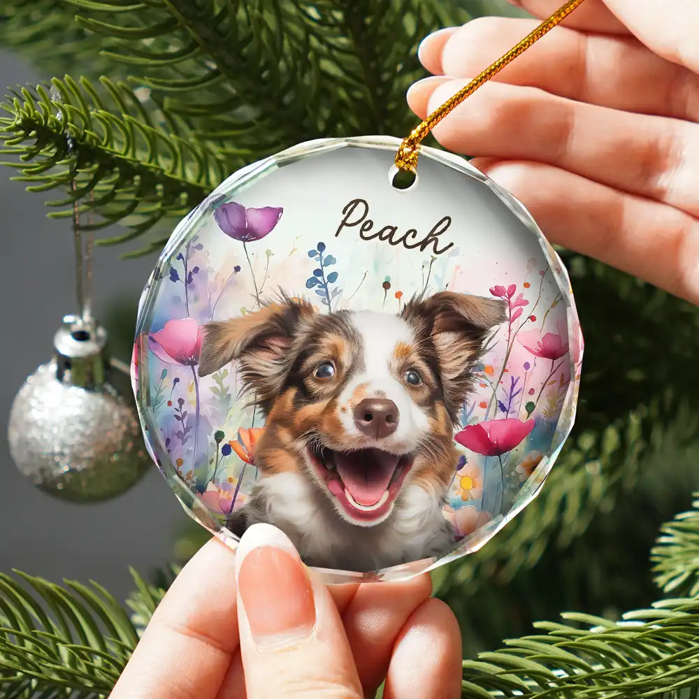 Custom Photo Dog Cat Pet Watercolor Wildflowers - Personalized Circle Glass Ornament - Image 3