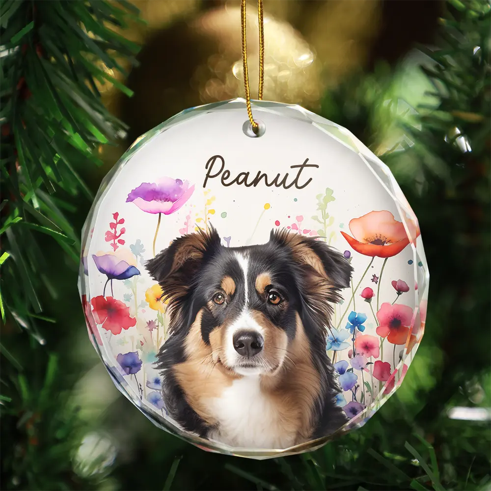 Custom Photo Dog Cat Pet Watercolor Wildflowers - Personalized Circle Glass Ornament - Image 4