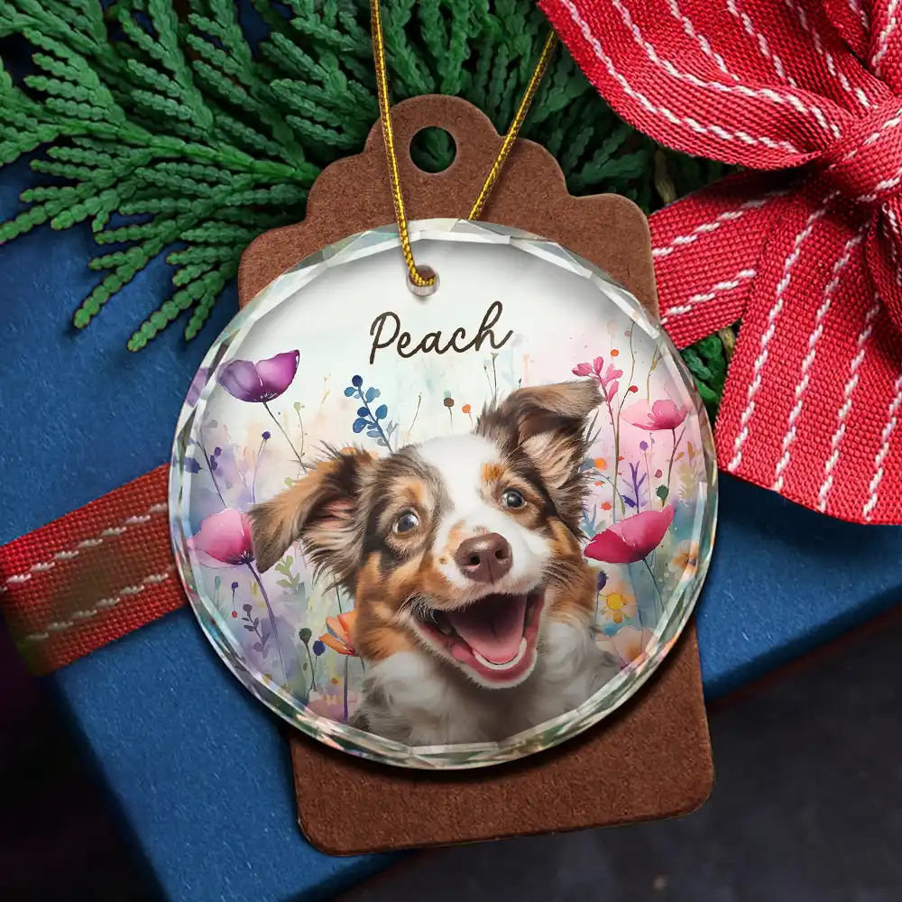 Custom Photo Dog Cat Pet Watercolor Wildflowers - Personalized Circle Glass Ornament - Image 6
