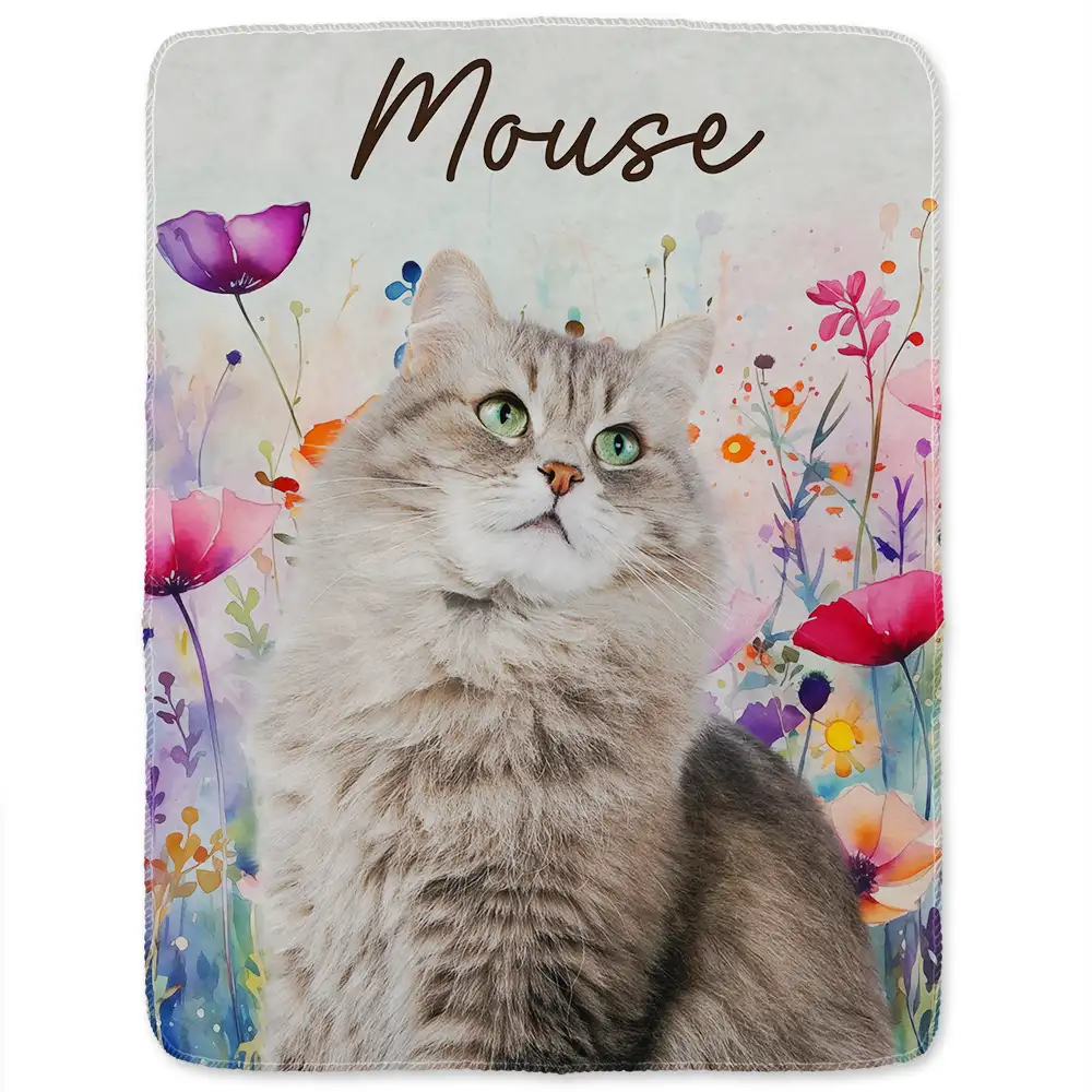 Custom Photo Dog Cat Pet Watercolor Wildflowers - Personalized Fleece Blanket, Sherpa Blanket - Image 3