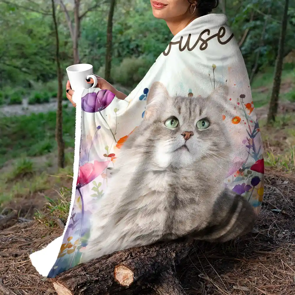 Custom Photo Dog Cat Pet Watercolor Wildflowers - Personalized Fleece Blanket, Sherpa Blanket - Image 6