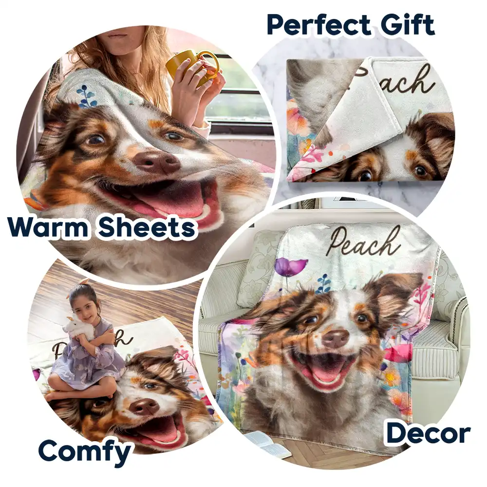 Custom Photo Dog Cat Pet Watercolor Wildflowers - Personalized Fleece Blanket, Sherpa Blanket - Image 8