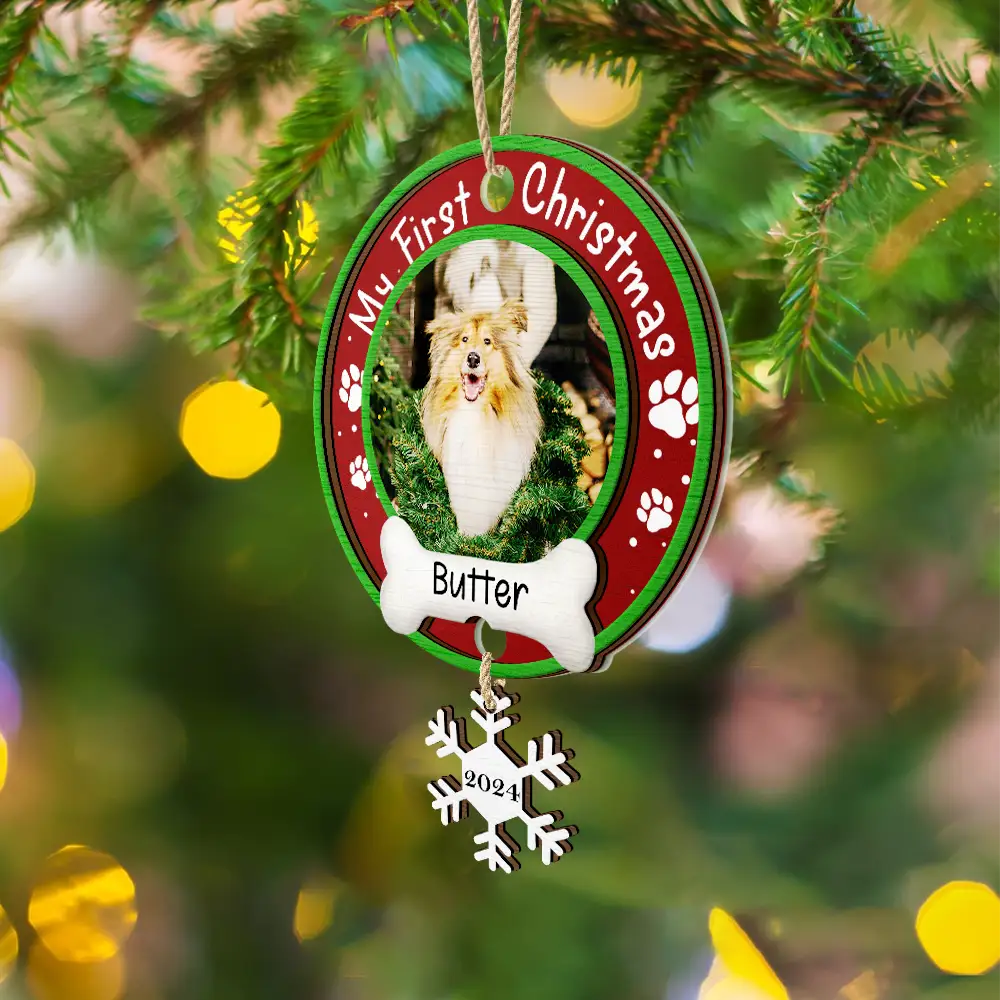 Custom Photo Dog Cat Pet's First Christmas - Personalized Mix Ornament With Wooden Tag - Image 4