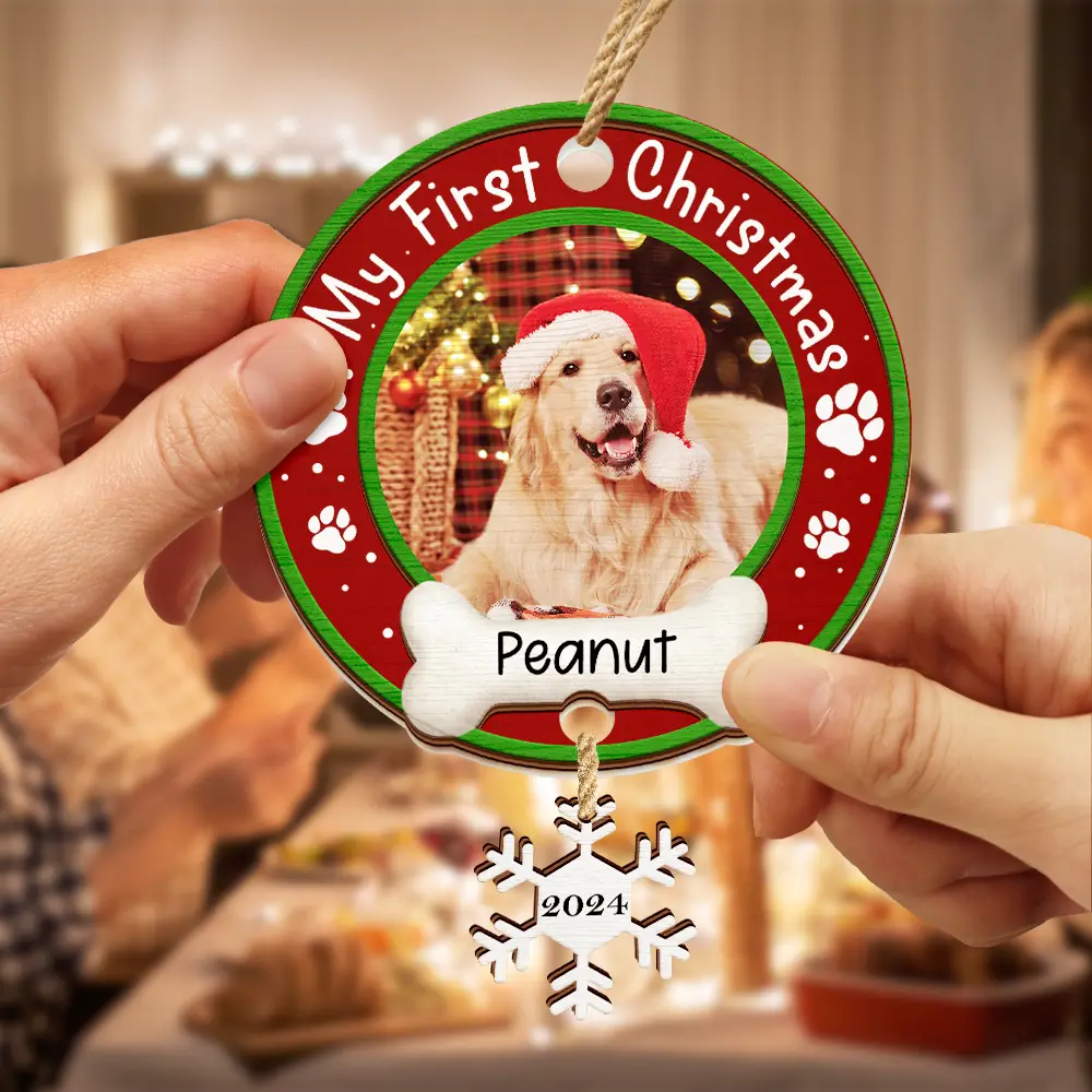 Custom Photo Dog Cat Pet's First Christmas - Personalized Mix Ornament With Wooden Tag - Image 6