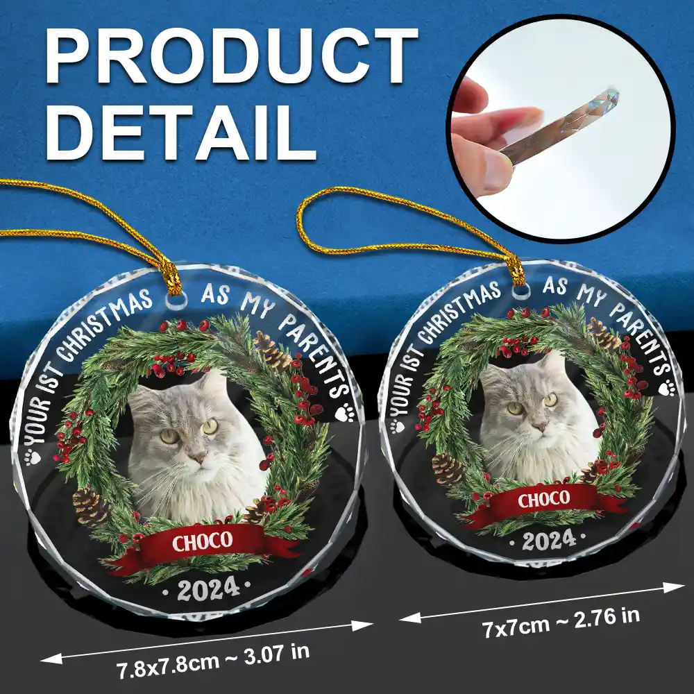 Custom Photo Dog Cat Your First Christmas As My Pawrents - Personalized Circle Glass Ornament - Image 7