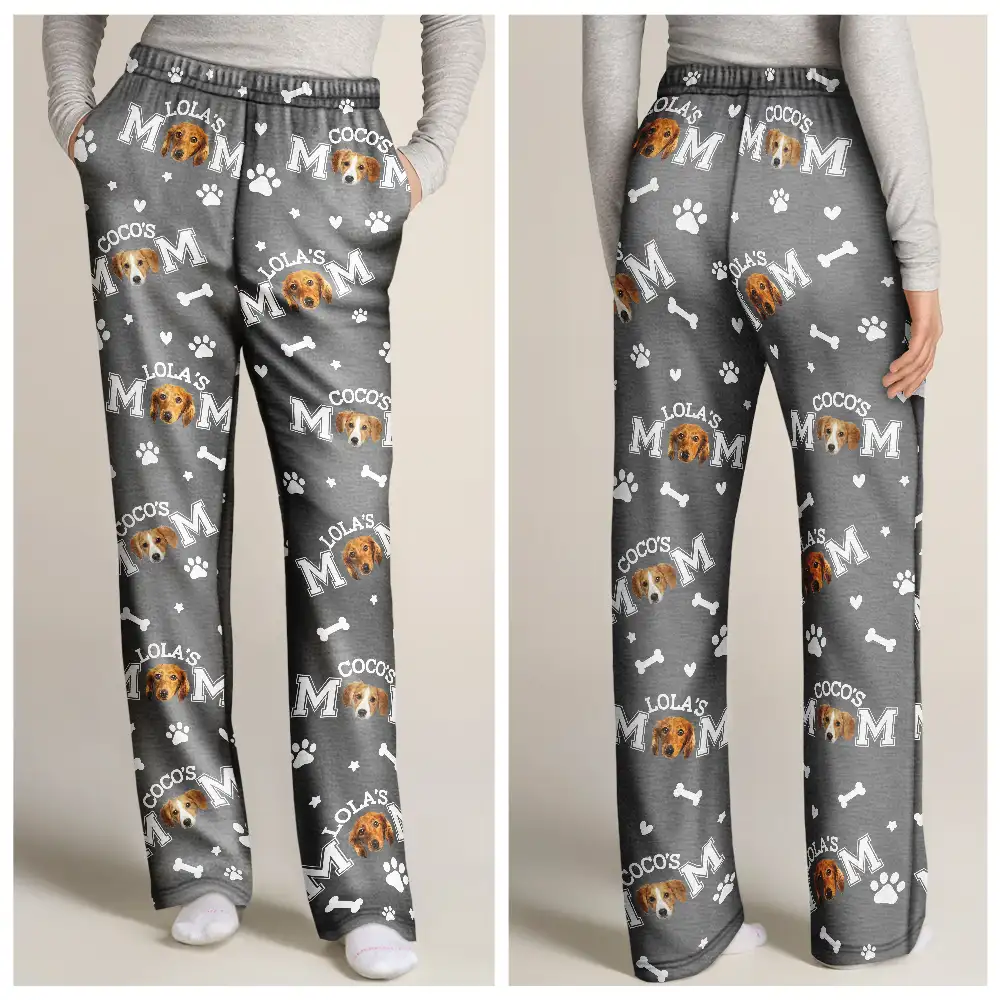 Custom Photo Dog Mom With Paw And Bone Pattern - Personalized Pajama Pants - Image 4