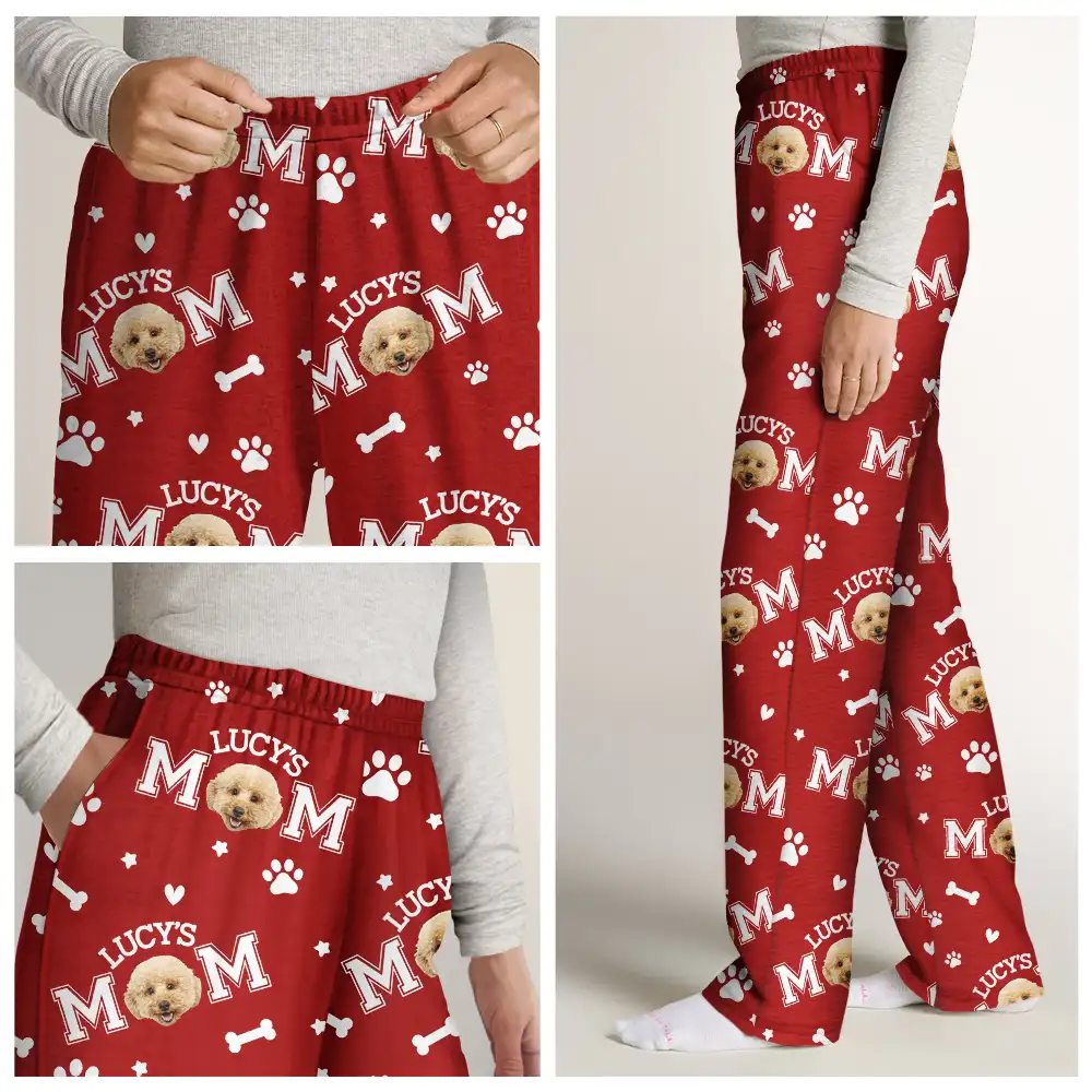 Custom Photo Dog Mom With Paw And Bone Pattern - Personalized Pajama Pants - Image 8