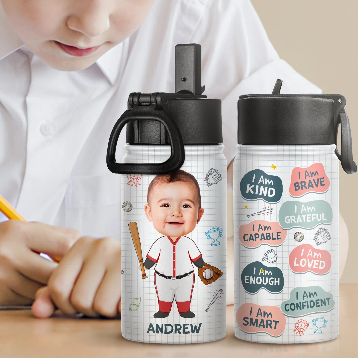 Custom Photo Dream Job I'm Kind Smart Brave Confident - Gift For Kid - Personalized Kids Water Bottle - Image 3
