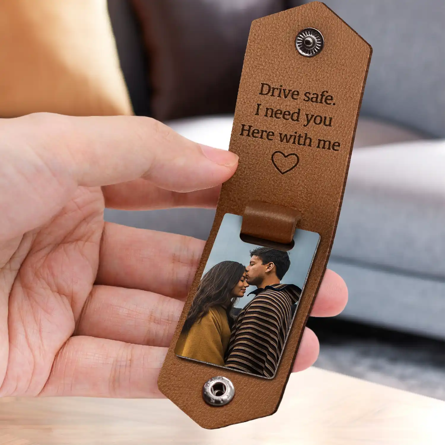 Custom Photo Drive Safe I Need You Here With Me - Gift For Boyfriends, Husbands, Couples - Personalized Leather Photo Keychain - Image 3