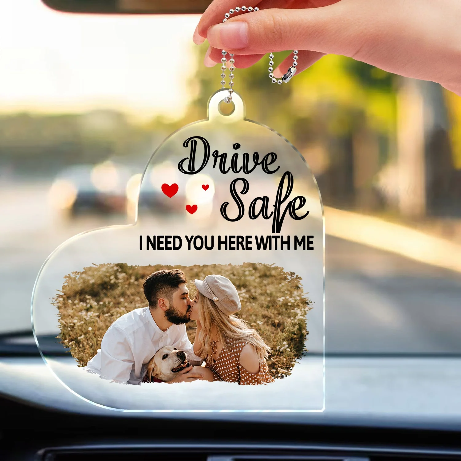 Custom Photo Drive Safe We Love You - Gift For Couples, Family, Mom, Dad - Personalized Acrylic Car Hanger - Image 3