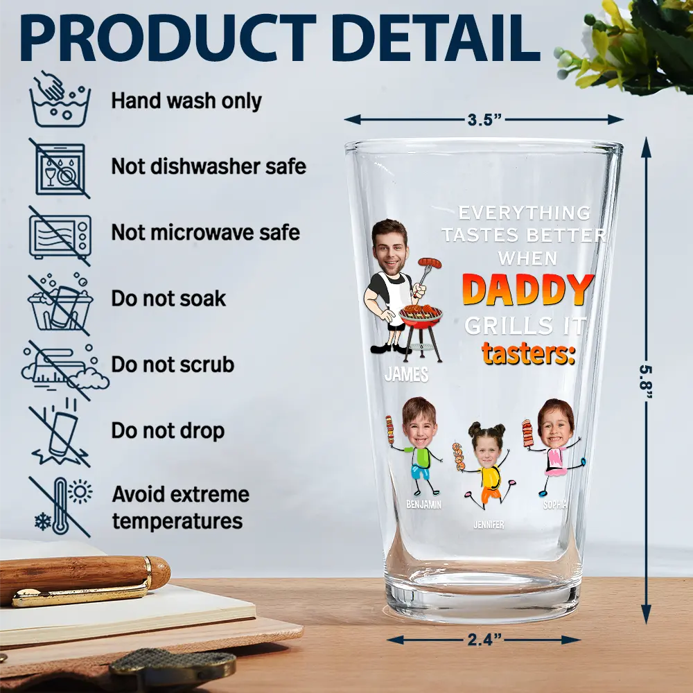 Custom Photo Everything Tastes Better When Daddy Grills It - Personalized Beer Glass - Image 6