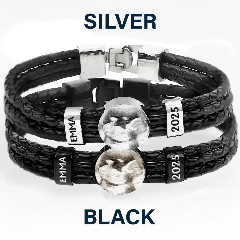 Custom Photo Expecting Dad Mom New Parents - Personalized Leather Braided Bracelet - Image 4