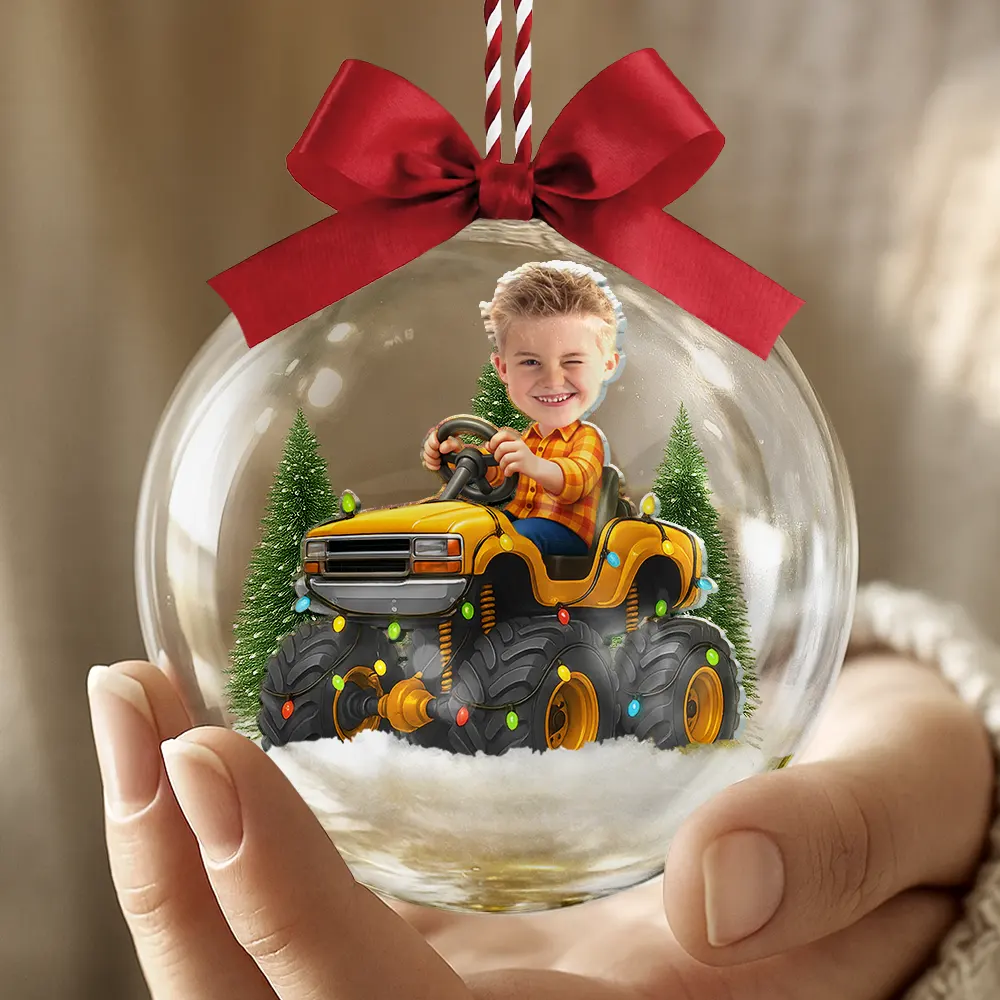 Custom Photo Face Kid Riding Monster Truck - Personalized 3D Acrylic Ball Ornament - Image 5