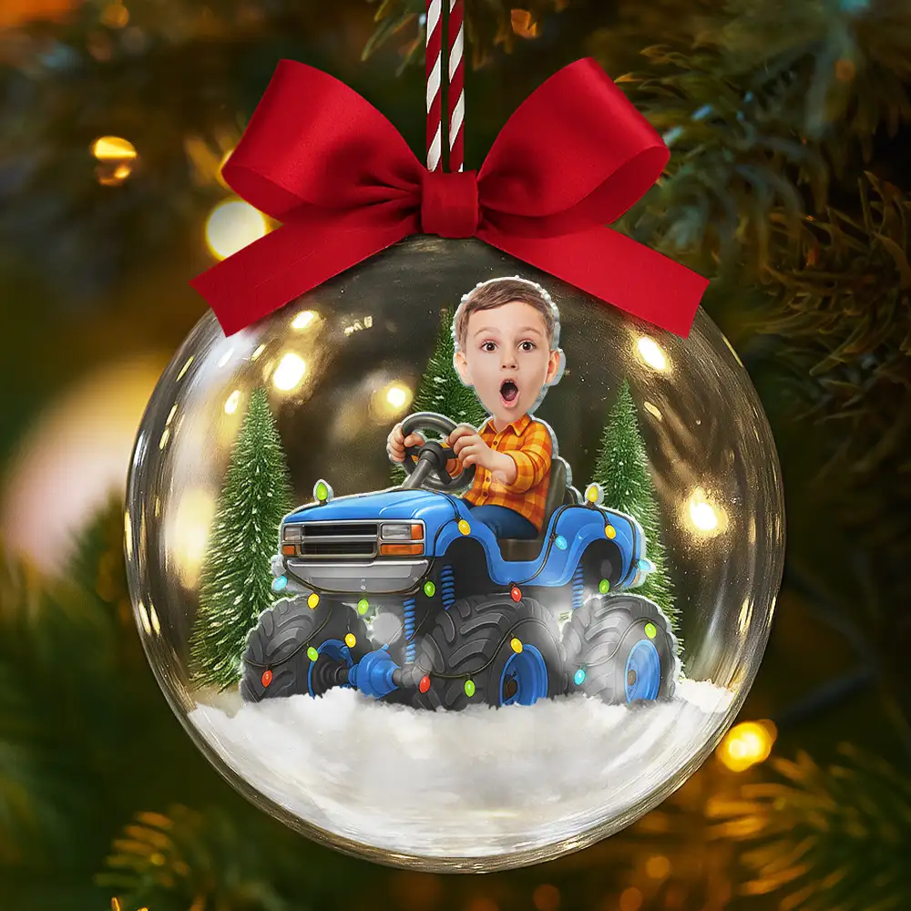 Custom Photo Face Kid Riding Monster Truck - Personalized 3D Acrylic Ball Ornament - Image 6