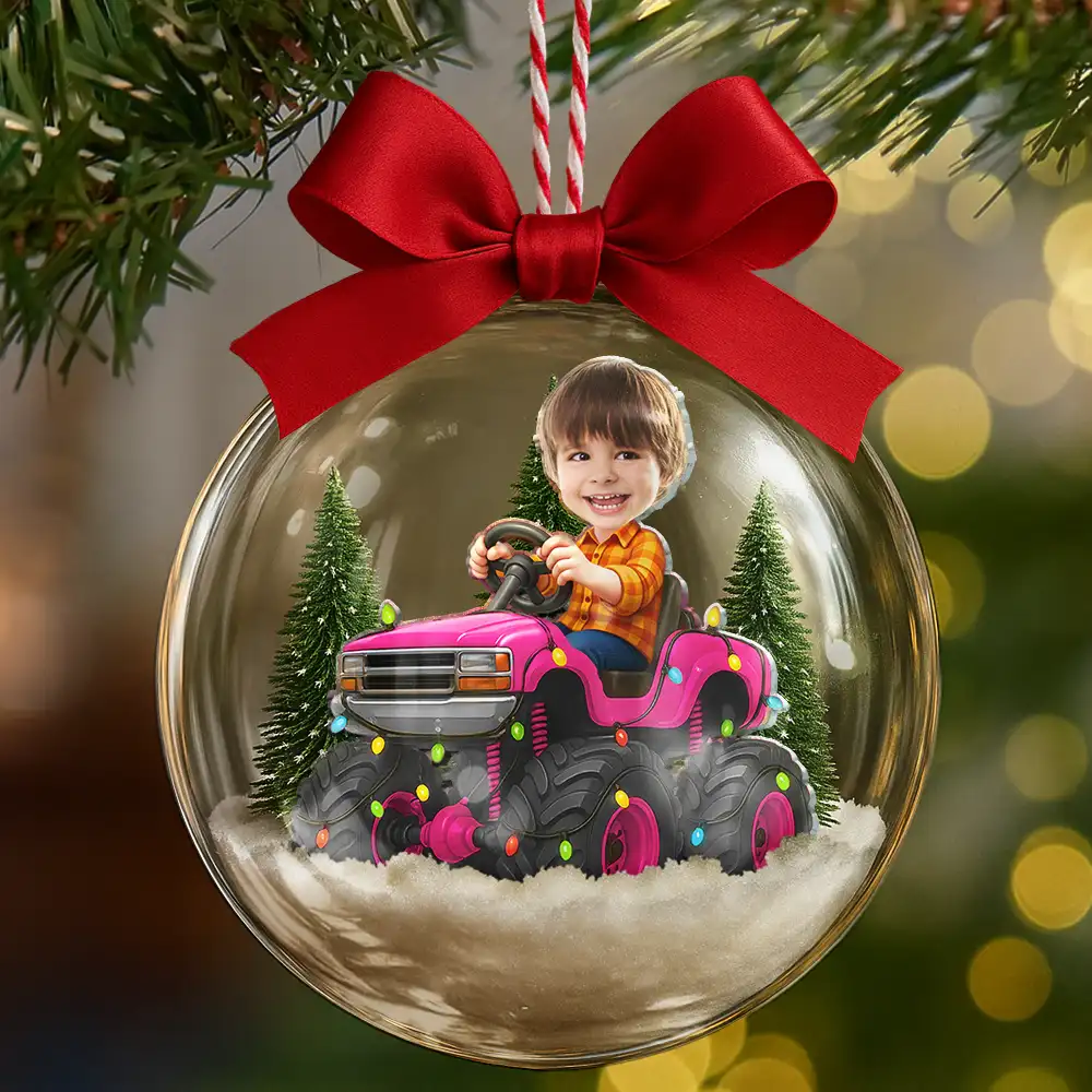 Custom Photo Face Kid Riding Monster Truck - Personalized 3D Acrylic Ball Ornament - Image 7