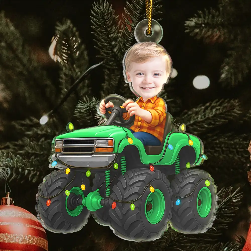 Custom Photo Face Kid Riding Monster Truck - Personalized Acrylic Photo Ornament - Image 4