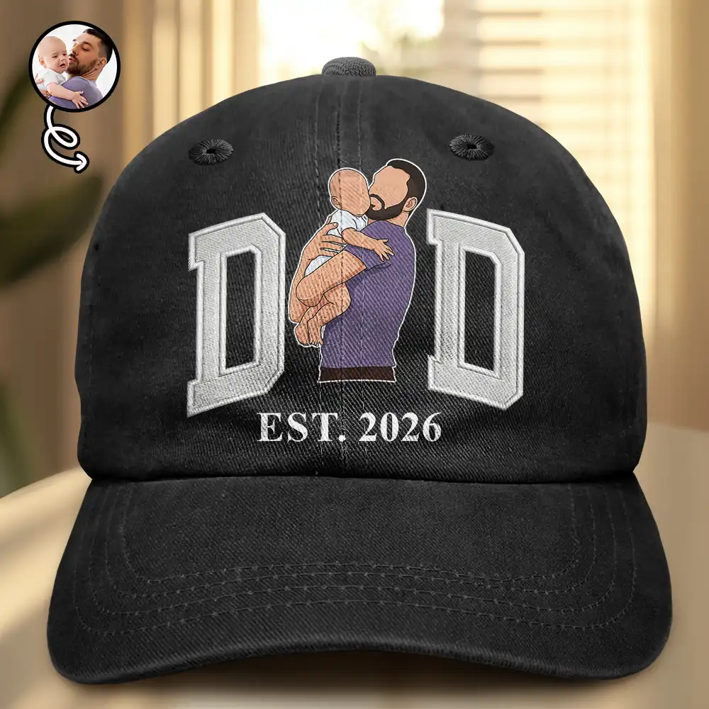 Custom Photo Faceless Portrait Mom Dad Est. Embroidery Effect - Personalized Vintage Washed Denim Cap
