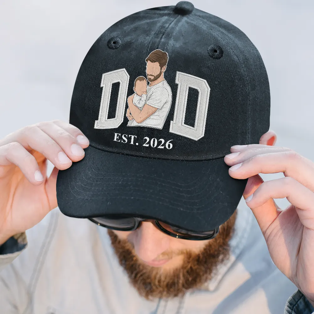 Custom Photo Faceless Portrait Mom Dad Est. Embroidery Effect - Personalized Vintage Washed Denim Cap - Image 3