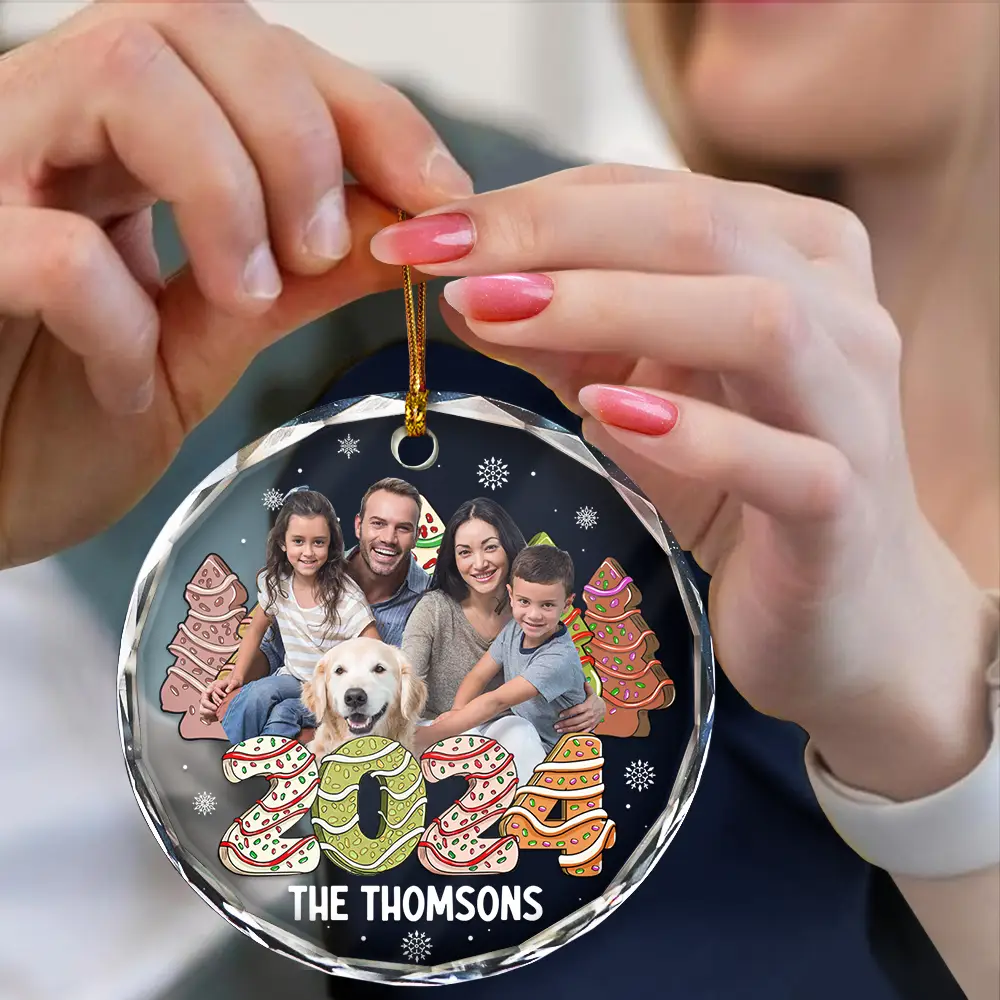 Custom Photo Family 2024 Cake, Cookie Trees Christmas - Personalized Circle Glass Ornament - Image 5