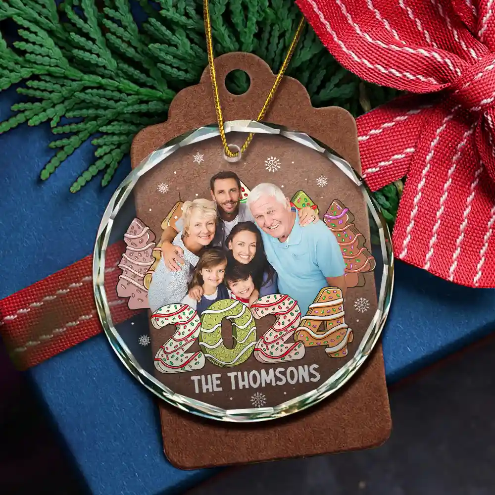 Custom Photo Family 2024 Cake, Cookie Trees Christmas - Personalized Circle Glass Ornament - Image 6