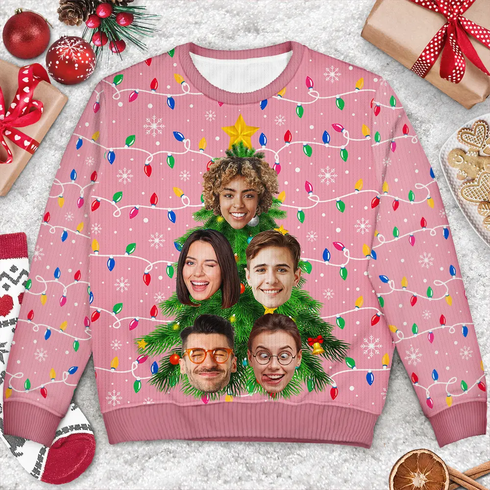 Custom Photo Family And Friends On Christmas Tree - Personalized Unisex Ugly Sweater - Image 4