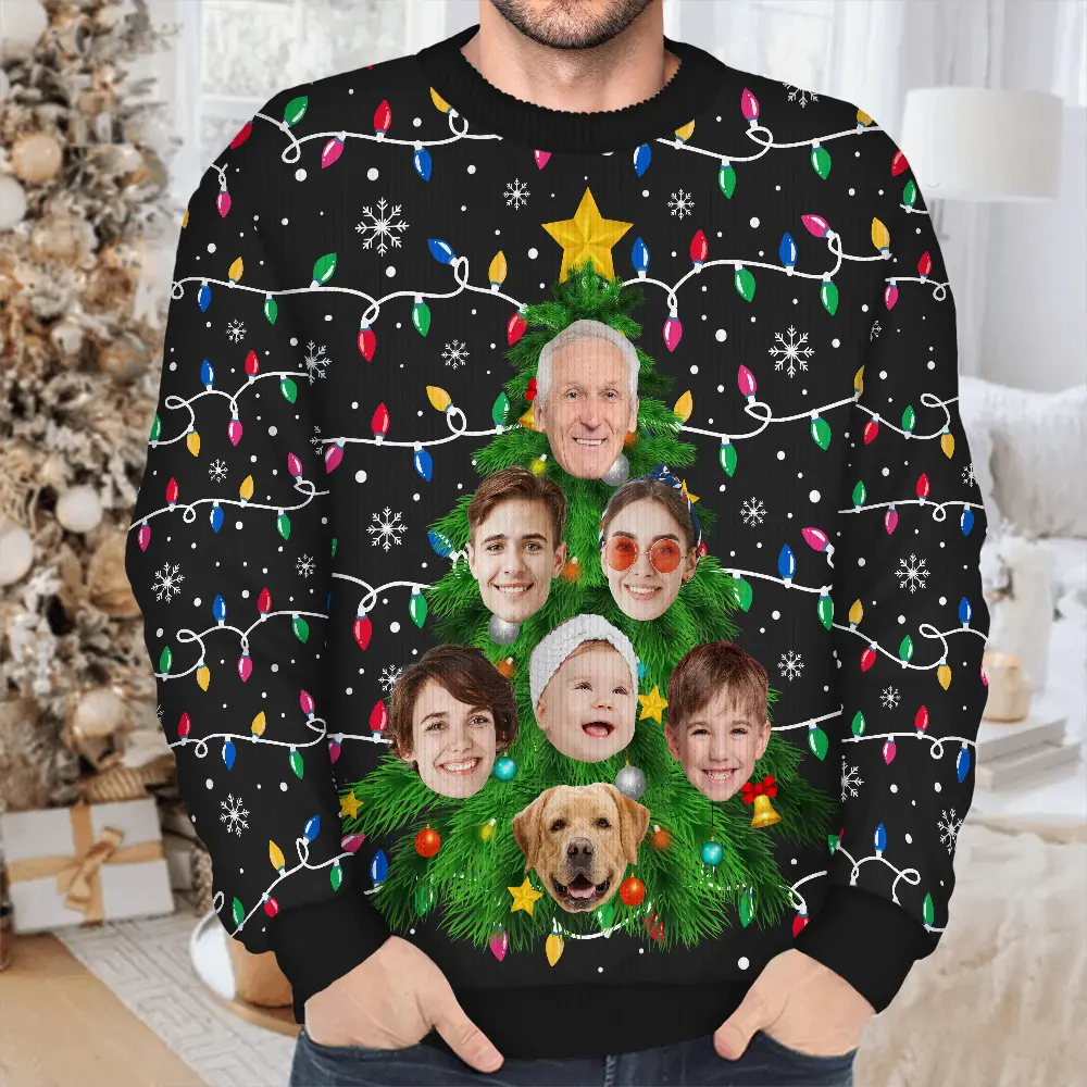 Custom Photo Family And Friends On Christmas Tree - Personalized Unisex Ugly Sweater - Image 5
