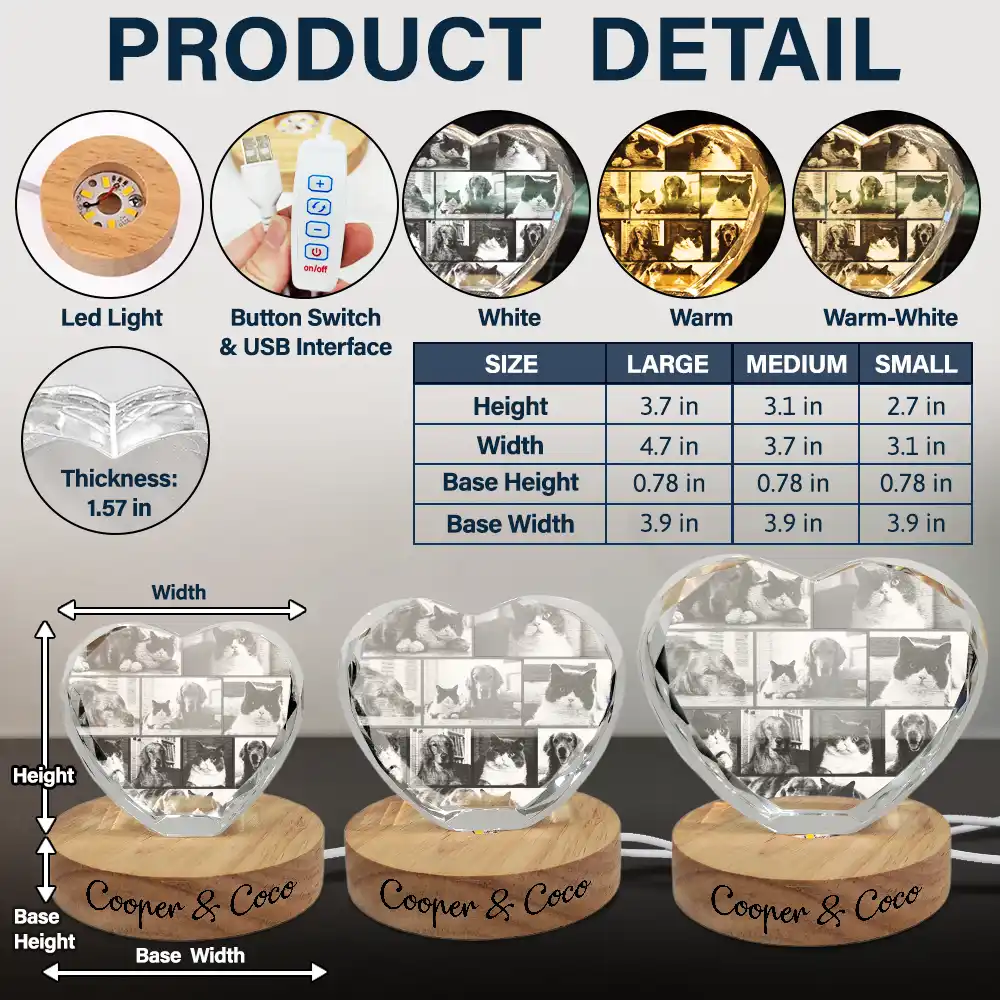 Custom Photo Family Couple Bestie Pet - Personalized Crystal Heart Shaped Lamp - Image 5