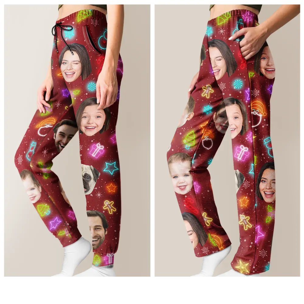 Custom Photo Family Face Neon Style Light It Up - Personalized Pajama Pants - Image 7